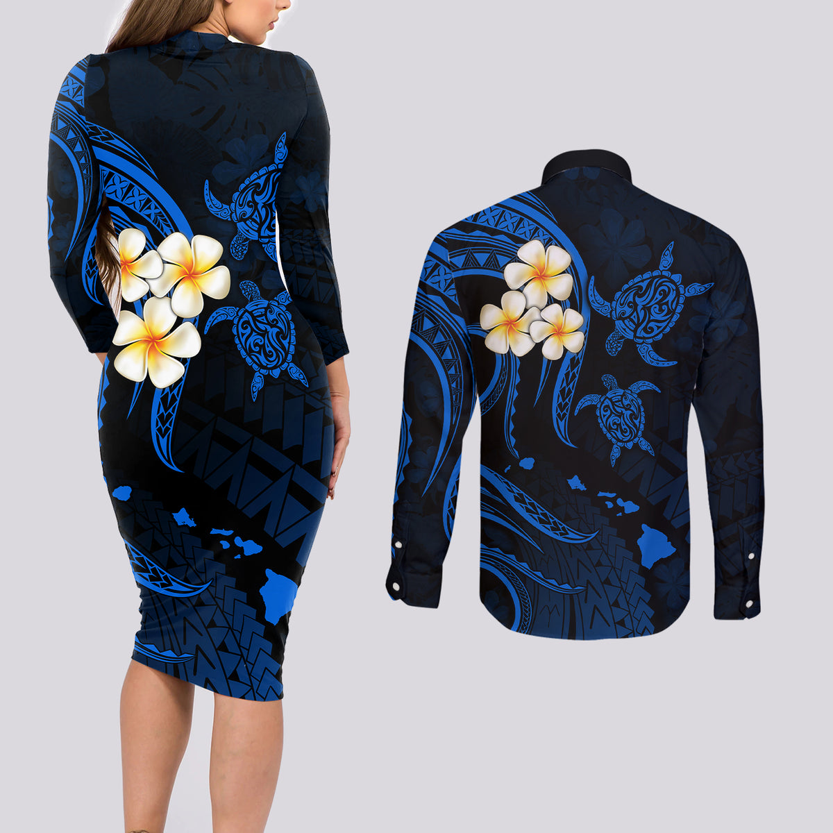 Hawaii Couples Long Sleeve Bodycon Dress and Long Sleeve Button Shirts Kauai Islands Polynesian Sunset Plumeria LT9 - Wonder Print Shop