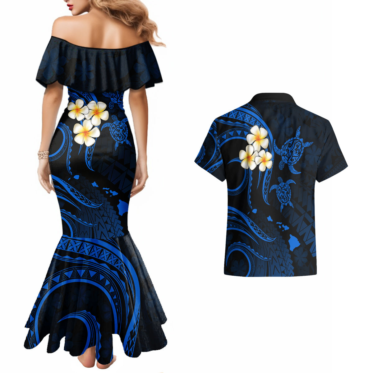 Hawaii Couples Mermaid Dress And Hawaiian Shirt Kauai Islands Polynesian Sunset Plumeria LT9 - Wonder Print Shop