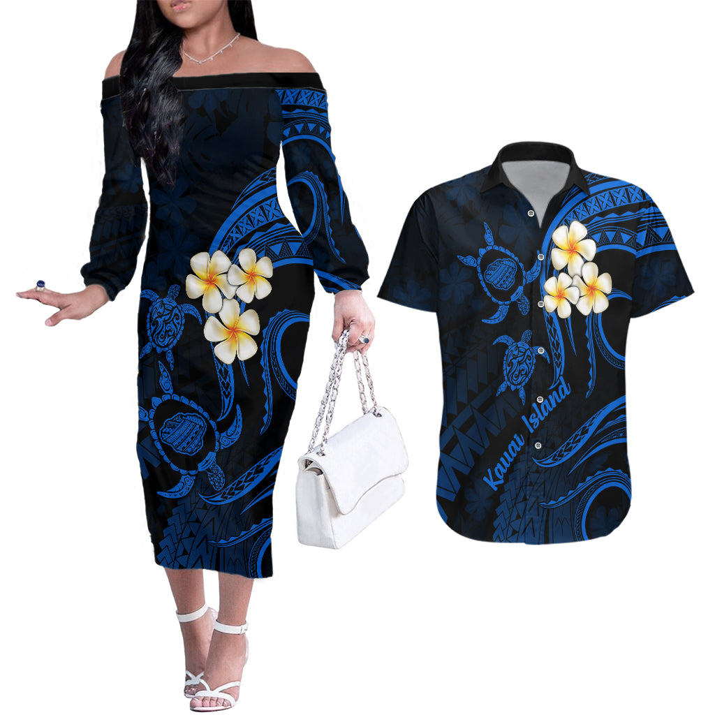 Hawaii Couples Off The Shoulder Long Sleeve Dress and Hawaiian Shirt Kauai Islands Polynesian Sunset Plumeria LT9 - Wonder Print Shop
