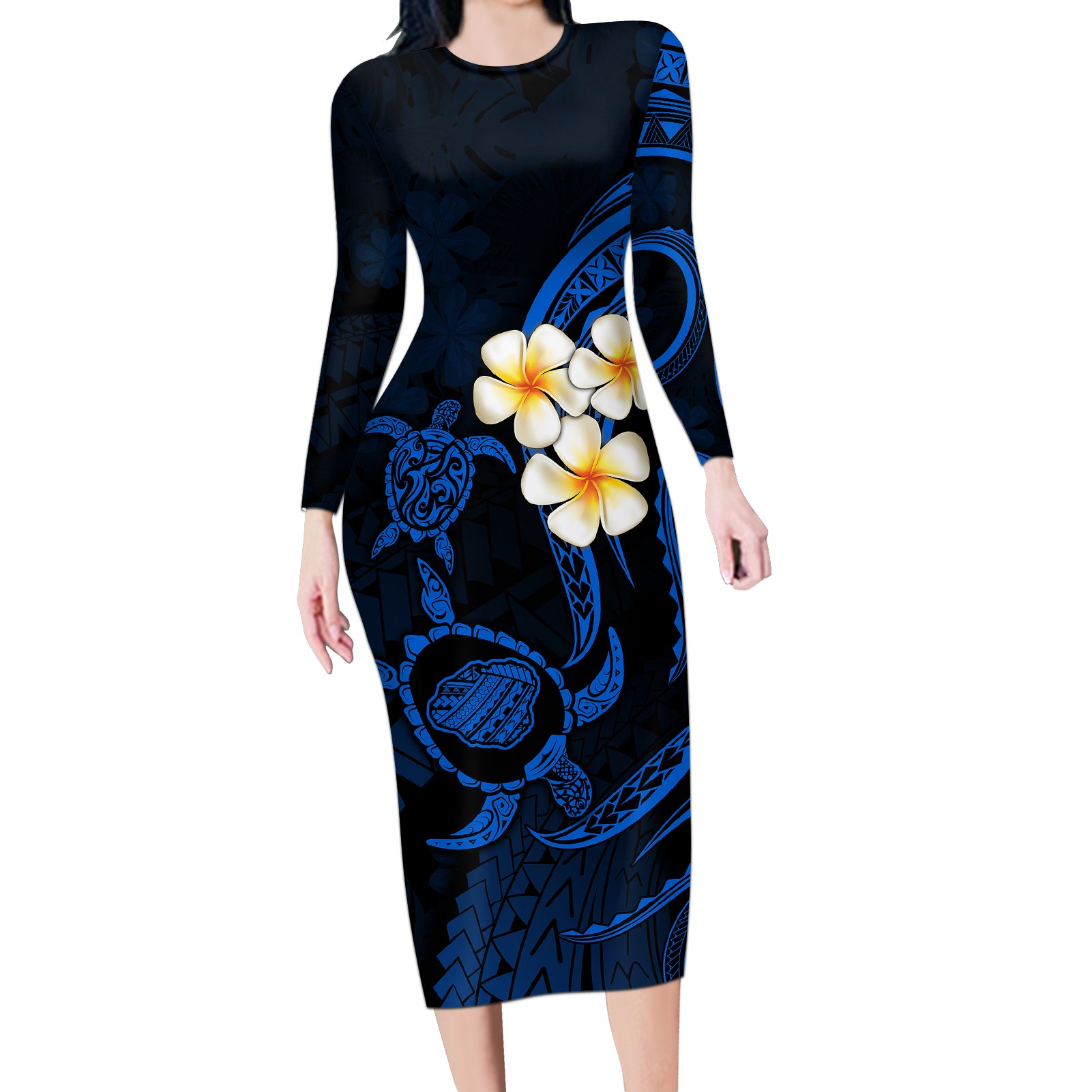 Hawaii Long Sleeve Bodycon Dress Kauai Islands Polynesian Sunset Plumeria - Wonder Print Shop