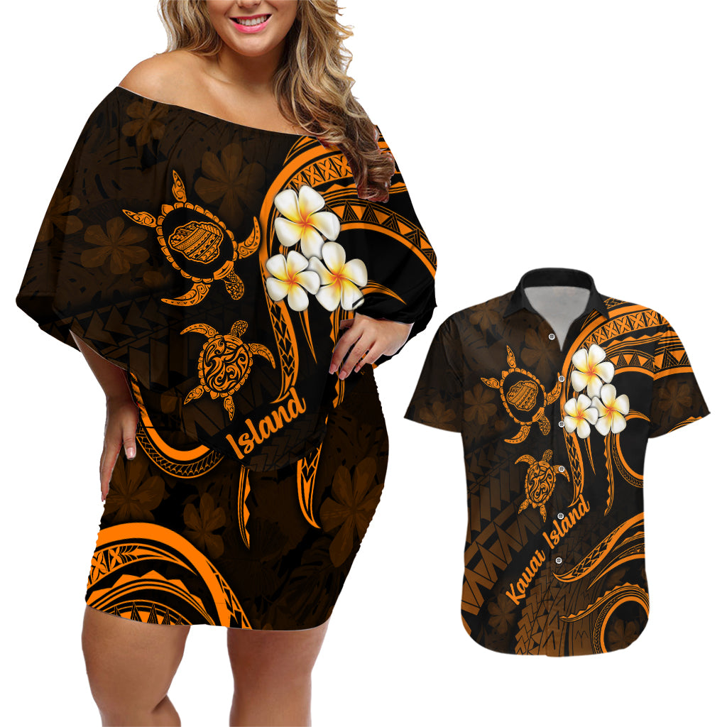 Hawaii Couples Off Shoulder Short Dress and Hawaiian Shirt Kauai Islands Polynesian Sunset Plumeria Gold Vibe LT9 - Wonder Print Shop