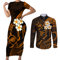 Hawaii Couples Short Sleeve Bodycon Dress and Long Sleeve Button Shirts Kauai Islands Polynesian Sunset Plumeria Gold Vibe LT9 - Wonder Print Shop