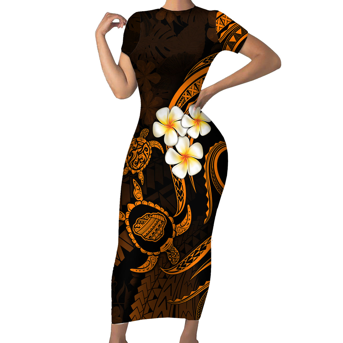 Hawaii Short Sleeve Bodycon Dress Kauai Islands Polynesian Sunset Plumeria Gold Vibe - Wonder Print Shop