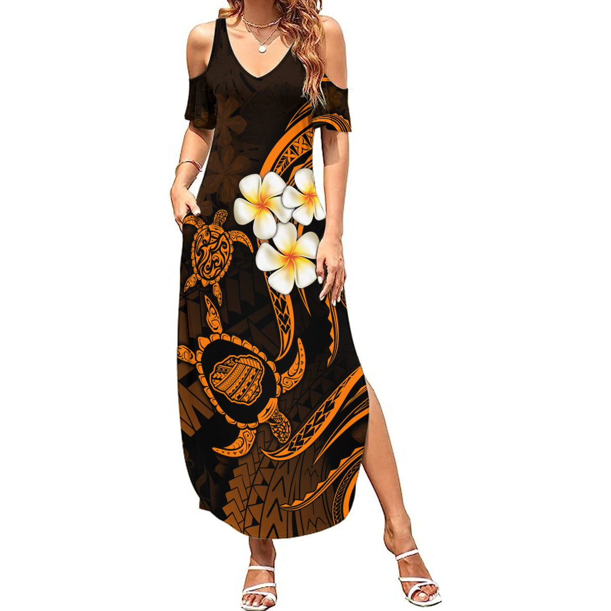 Hawaii Summer Maxi Dress Kauai Islands Polynesian Sunset Plumeria Gold Vibe - Wonder Print Shop