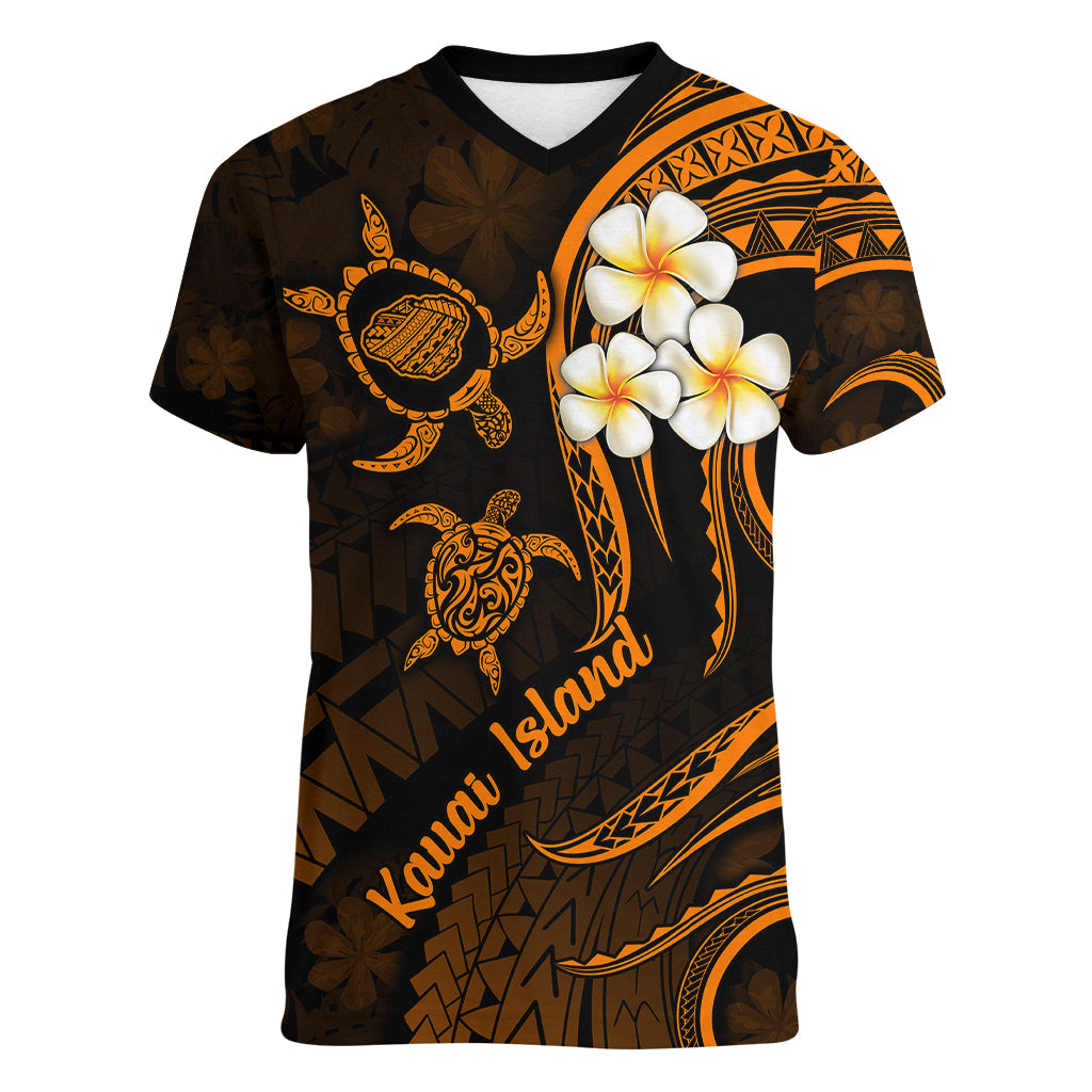 Hawaii Women V Neck T Shirt Kauai Islands Polynesian Sunset Plumeria Gold Vibe - Wonder Print Shop