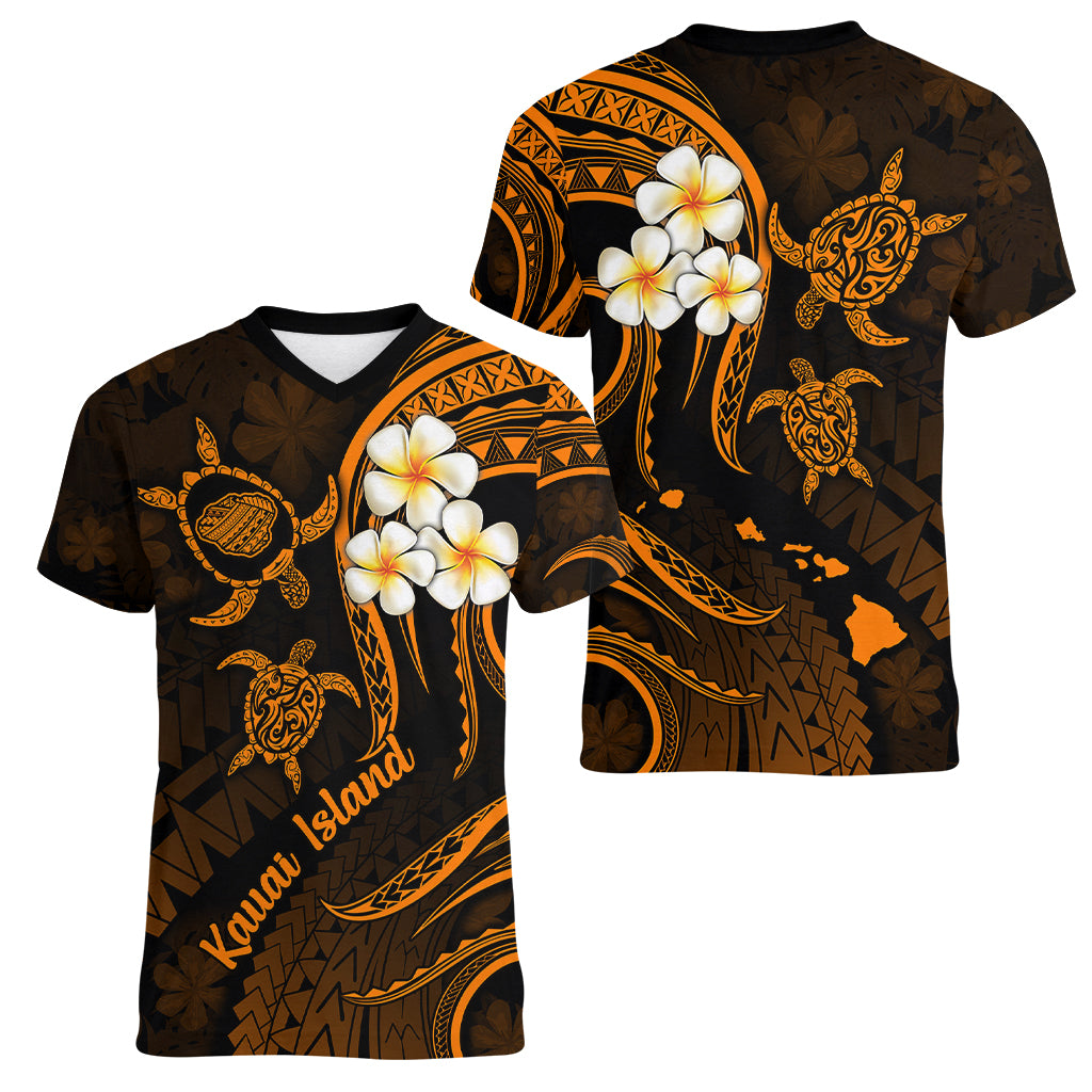 Hawaii Women V Neck T Shirt Kauai Islands Polynesian Sunset Plumeria Gold Vibe - Wonder Print Shop