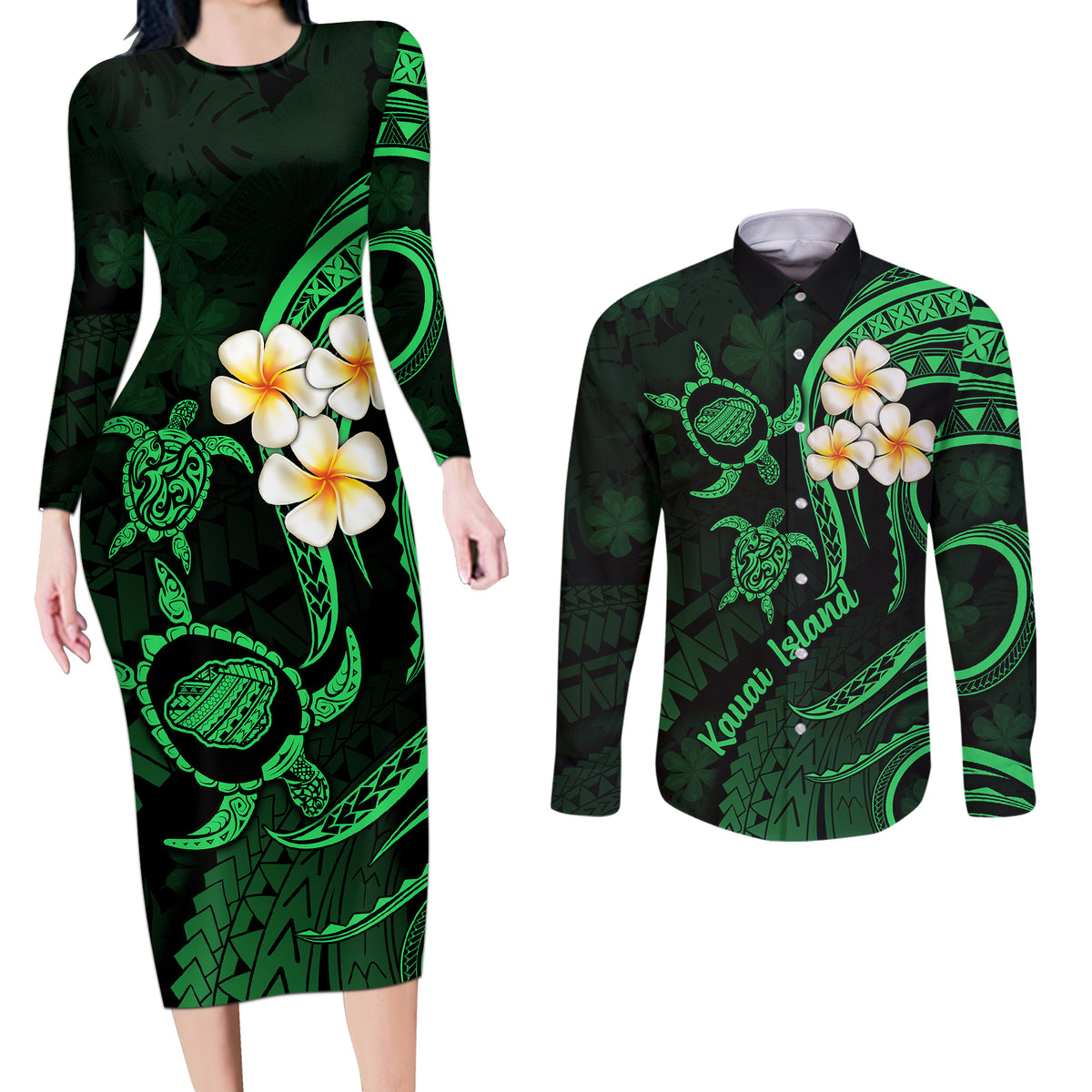 Hawaii Couples Long Sleeve Bodycon Dress and Long Sleeve Button Shirts Kauai Islands Polynesian Sunset Plumeria Green Vibe LT9 - Wonder Print Shop