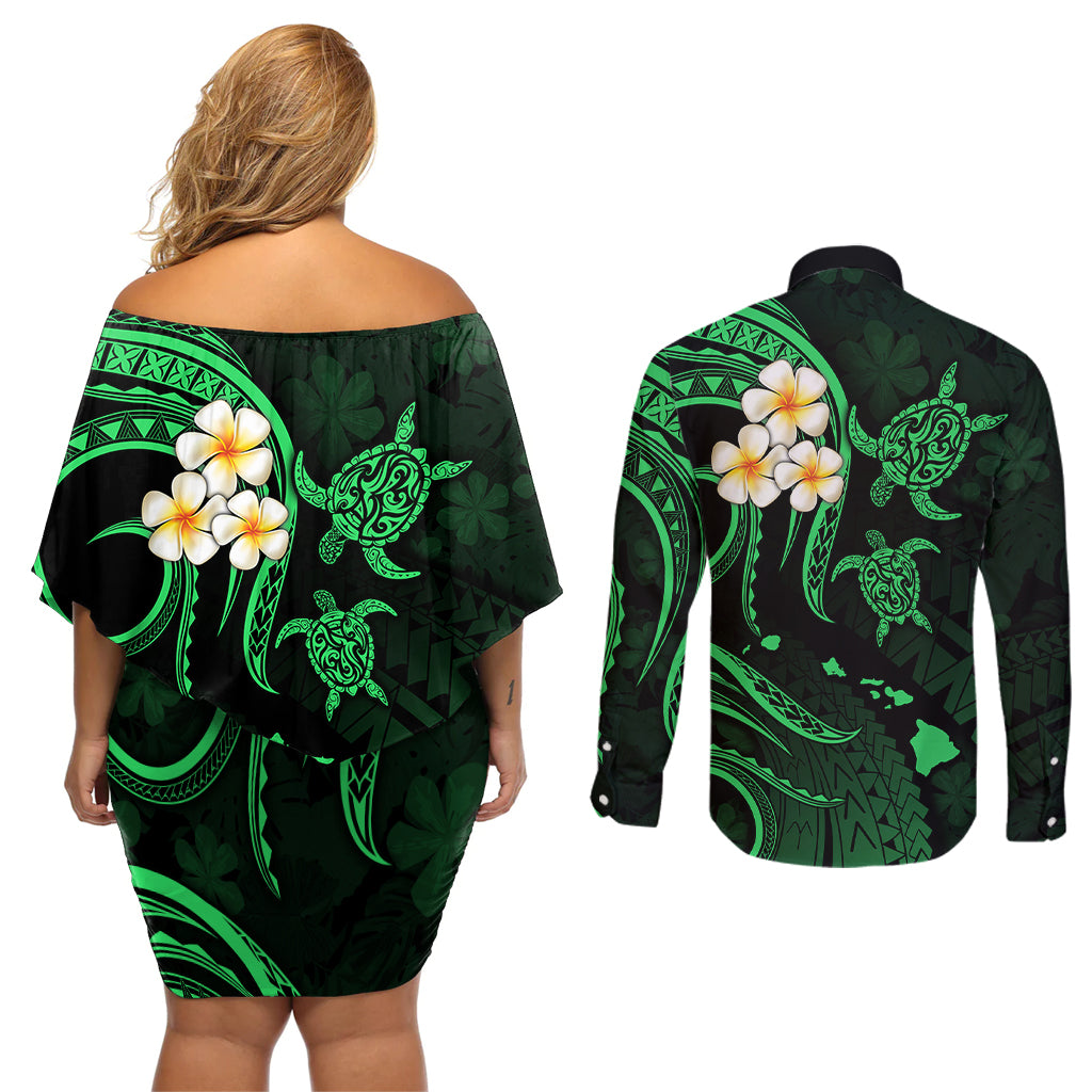 Hawaii Couples Off Shoulder Short Dress and Long Sleeve Button Shirts Kauai Islands Polynesian Sunset Plumeria Green Vibe LT9 - Wonder Print Shop