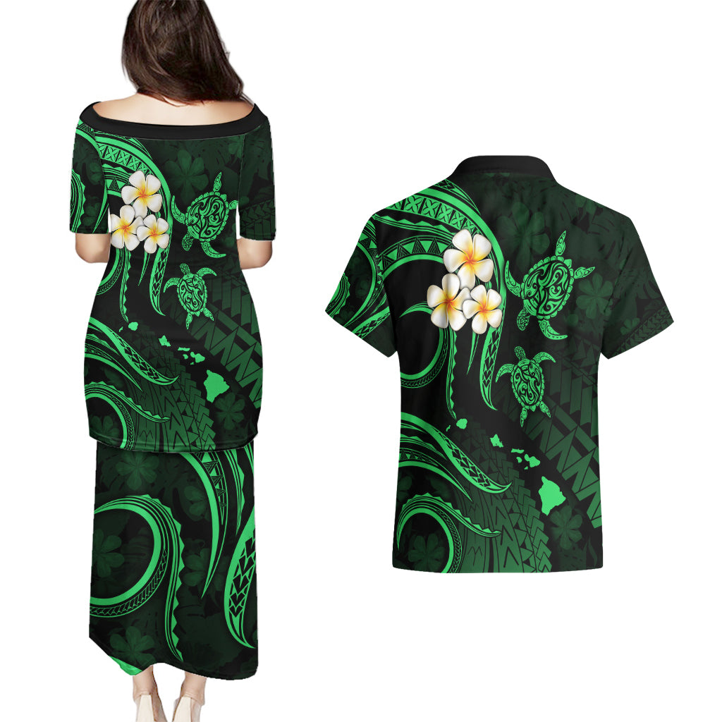 Hawaii Couples Puletasi Dress and Hawaiian Shirt Kauai Islands Polynesian Sunset Plumeria Green Vibe LT9 - Wonder Print Shop