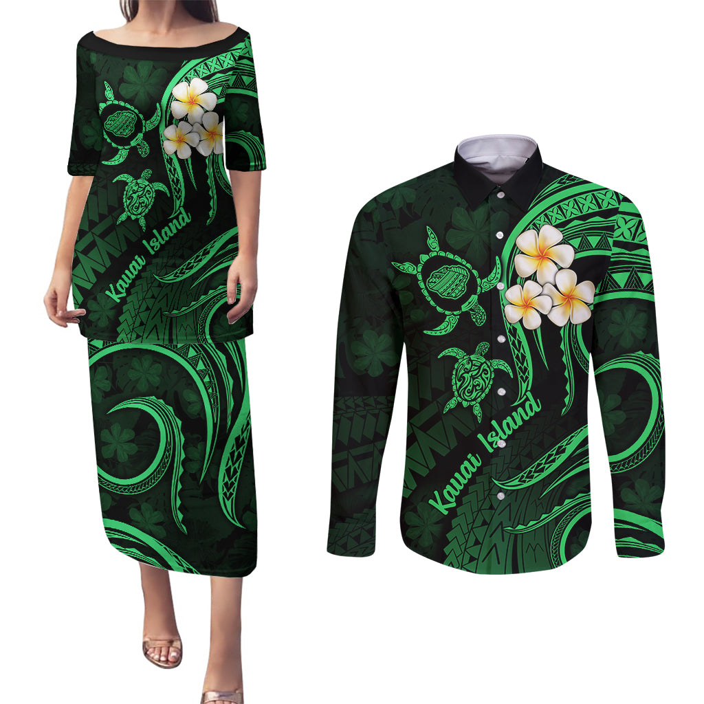 Hawaii Couples Puletasi Dress and Long Sleeve Button Shirts Kauai Islands Polynesian Sunset Plumeria Green Vibe LT9 - Wonder Print Shop