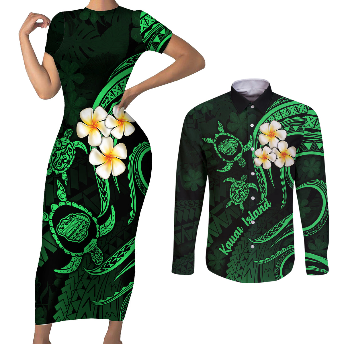 Hawaii Couples Short Sleeve Bodycon Dress and Long Sleeve Button Shirts Kauai Islands Polynesian Sunset Plumeria Green Vibe LT9 - Wonder Print Shop