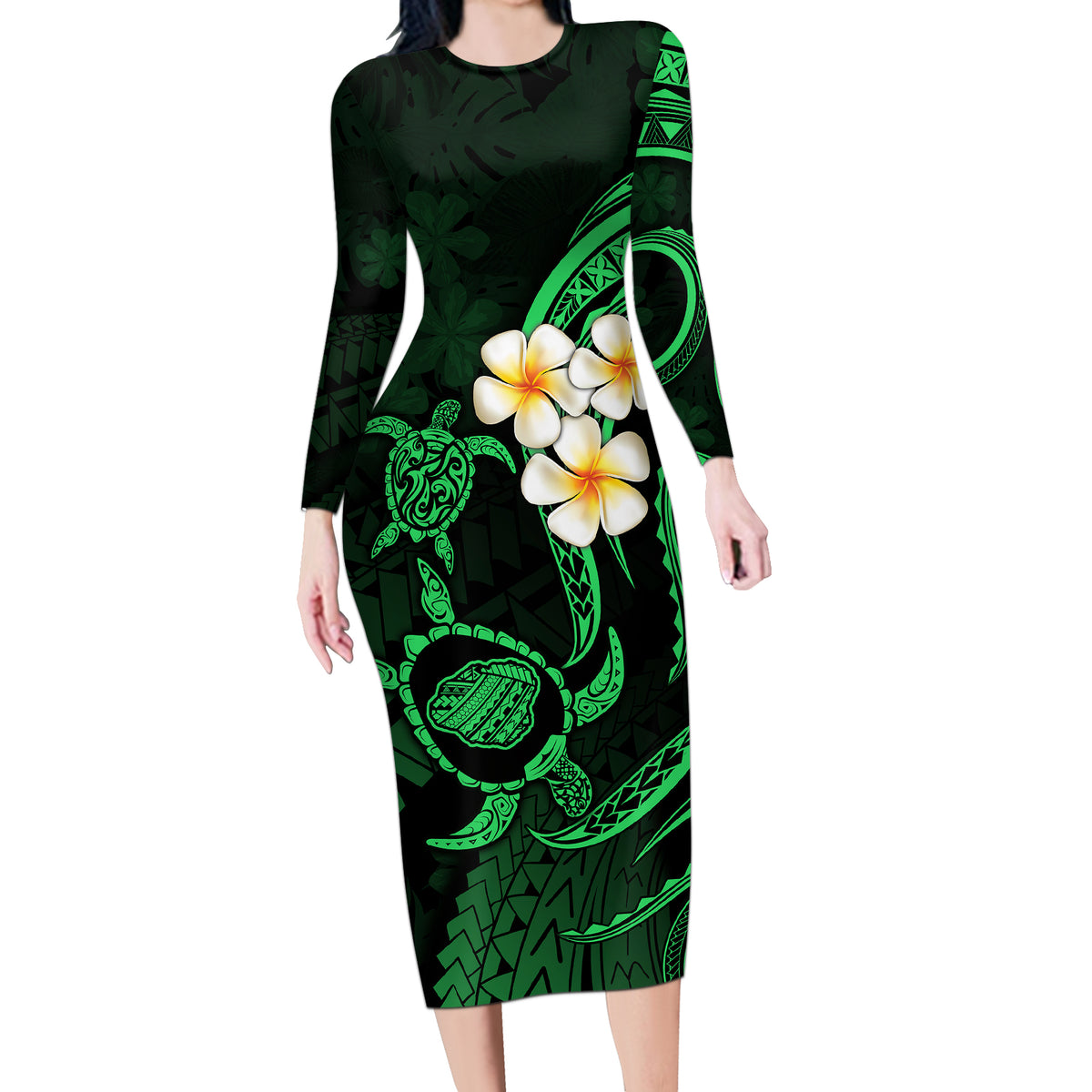 Hawaii Long Sleeve Bodycon Dress Kauai Islands Polynesian Sunset Plumeria Green Vibe - Wonder Print Shop