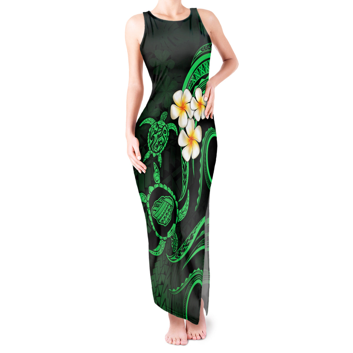 Hawaii Tank Maxi Dress Kauai Islands Polynesian Sunset Plumeria Green Vibe - Wonder Print Shop