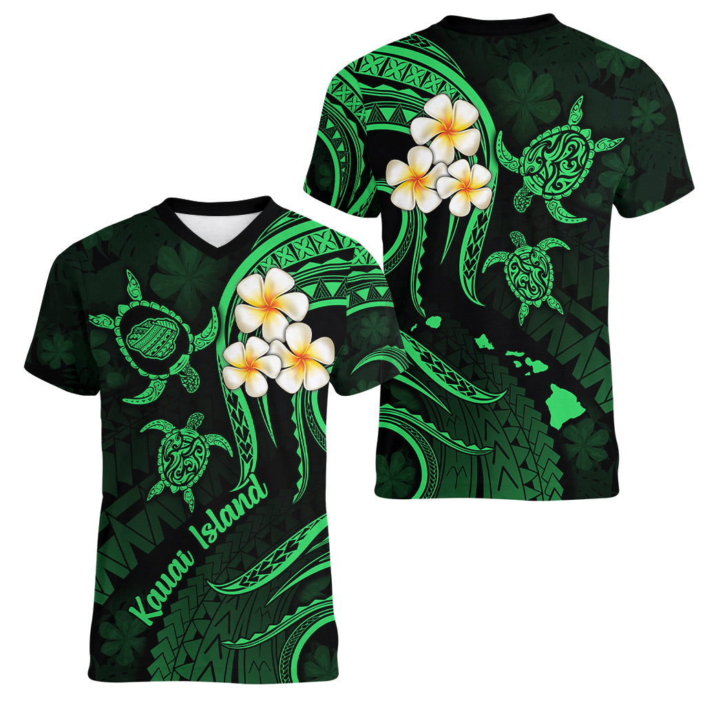 Hawaii Women V Neck T Shirt Kauai Islands Polynesian Sunset Plumeria Green Vibe - Wonder Print Shop