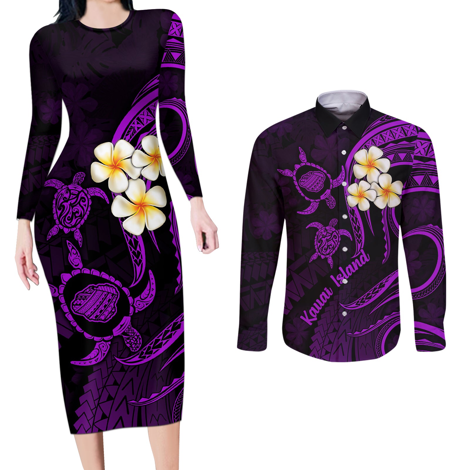 Polynesian Hawaii Couples Long Sleeve Bodycon Dress and Long Sleeve Button Shirts Kauai Islands with Pacific Plumeria Purple Vibe LT9 - Wonder Print Shop