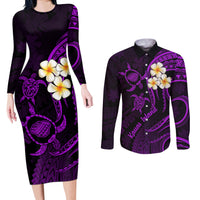 Polynesian Hawaii Couples Long Sleeve Bodycon Dress and Long Sleeve Button Shirts Kauai Islands with Pacific Plumeria Purple Vibe LT9 - Wonder Print Shop