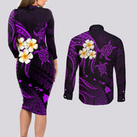 Polynesian Hawaii Couples Long Sleeve Bodycon Dress and Long Sleeve Button Shirts Kauai Islands with Pacific Plumeria Purple Vibe LT9 - Wonder Print Shop