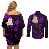 Polynesian Hawaii Couples Off Shoulder Short Dress and Long Sleeve Button Shirts Kauai Islands with Pacific Plumeria Purple Vibe LT9 - Wonder Print Shop