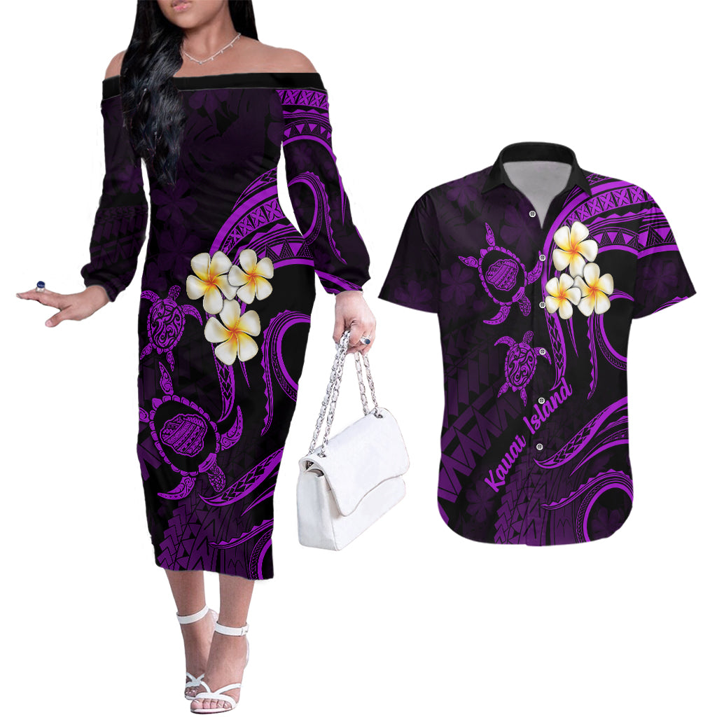 Polynesian Hawaii Couples Off The Shoulder Long Sleeve Dress and Hawaiian Shirt Kauai Islands with Pacific Plumeria Purple Vibe LT9 - Wonder Print Shop
