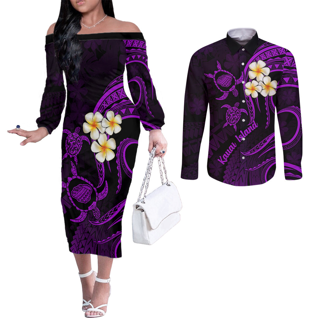 polynesian-hawaii-couples-off-the-shoulder-long-sleeve-dress-and-long-sleeve-button-shirts-kauai-islands-with-pacific-plumeria-purple-vibe