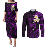 Polynesian Hawaii Couples Puletasi Dress and Long Sleeve Button Shirts Kauai Islands with Pacific Plumeria Purple Vibe LT9 - Wonder Print Shop