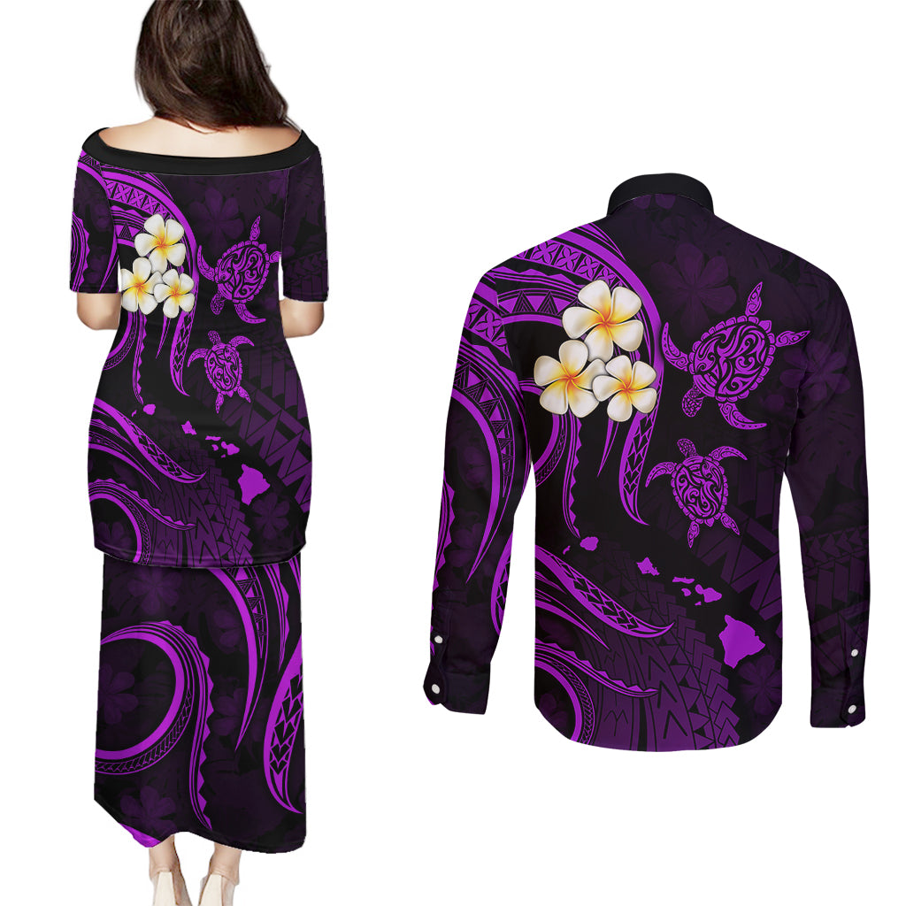 Polynesian Hawaii Couples Puletasi Dress and Long Sleeve Button Shirts Kauai Islands with Pacific Plumeria Purple Vibe LT9 - Wonder Print Shop
