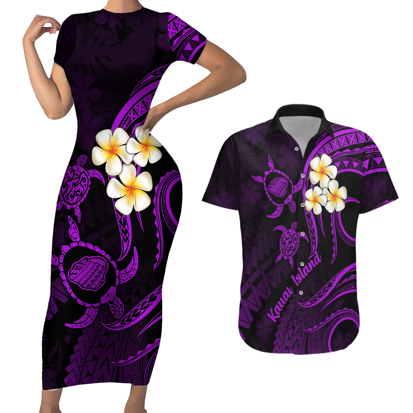 Polynesian Hawaii Couples Short Sleeve Bodycon Dress and Hawaiian Shirt Kauai Islands with Pacific Plumeria Purple Vibe LT9 - Wonder Print Shop