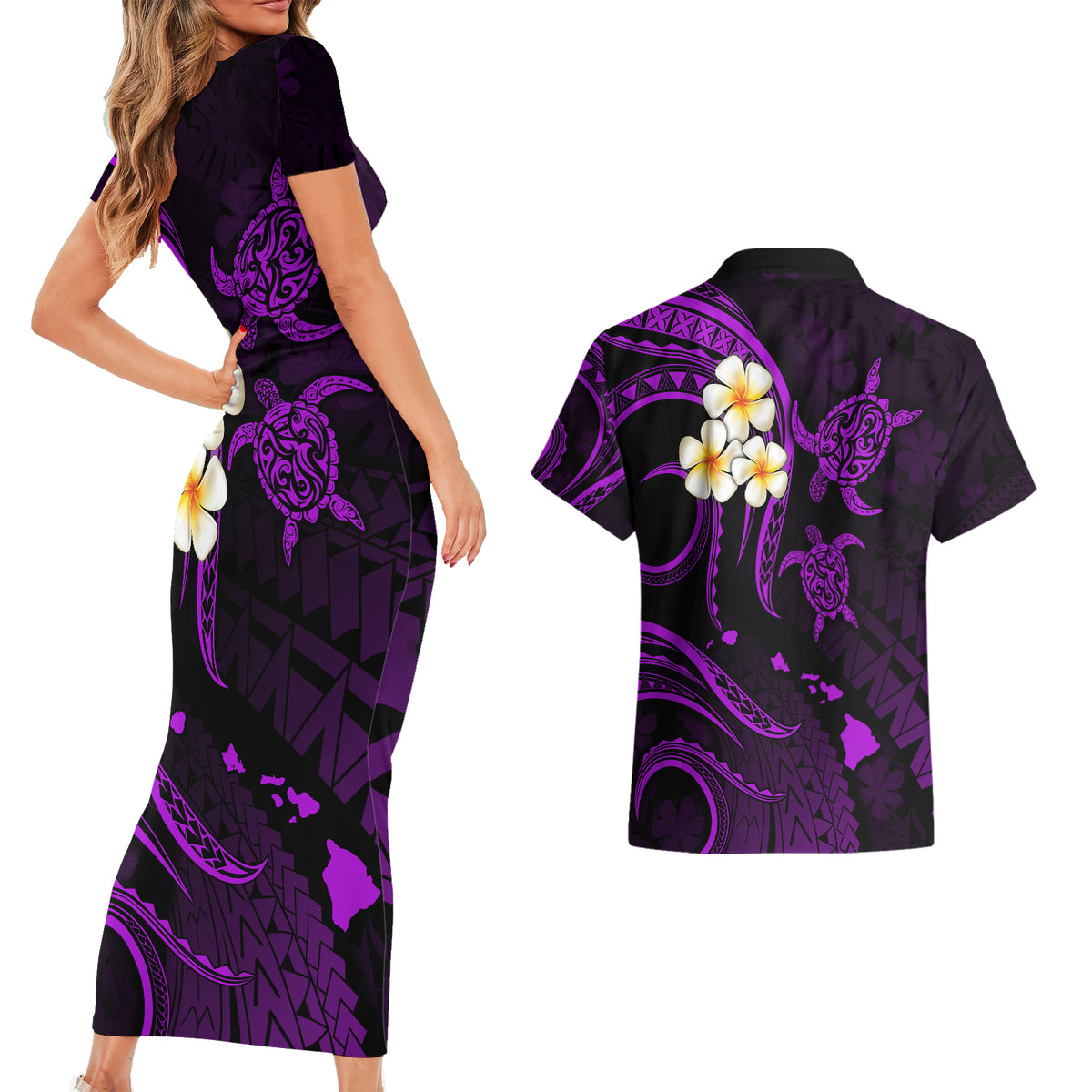 Polynesian Hawaii Couples Short Sleeve Bodycon Dress and Hawaiian Shirt Kauai Islands with Pacific Plumeria Purple Vibe LT9 - Wonder Print Shop