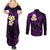 Polynesian Hawaii Couples Summer Maxi Dress and Long Sleeve Button Shirts Kauai Islands with Pacific Plumeria Purple Vibe LT9 - Wonder Print Shop