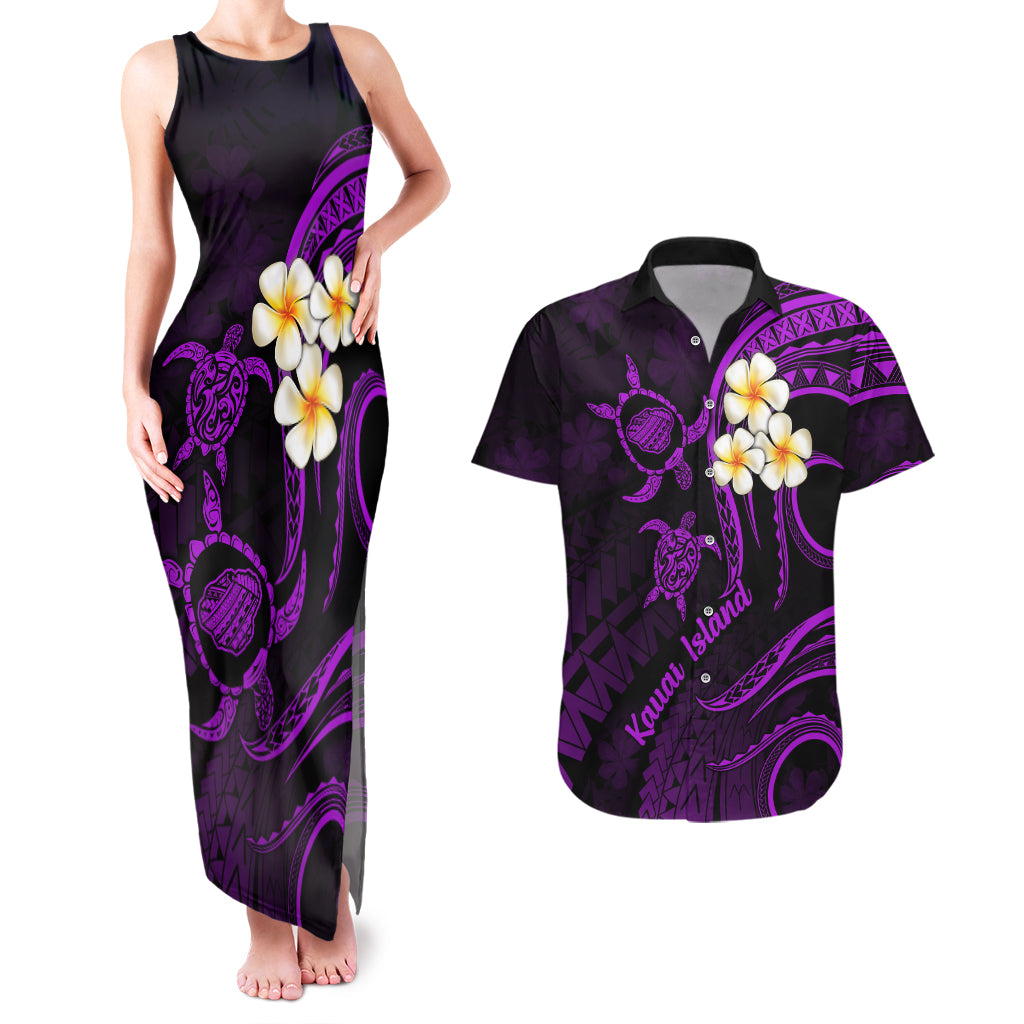 polynesian-hawaii-couples-matching-tank-maxi-dress-and-hawaiian-shirt-kauai-islands-with-pacific-plumeria-purple-vibe