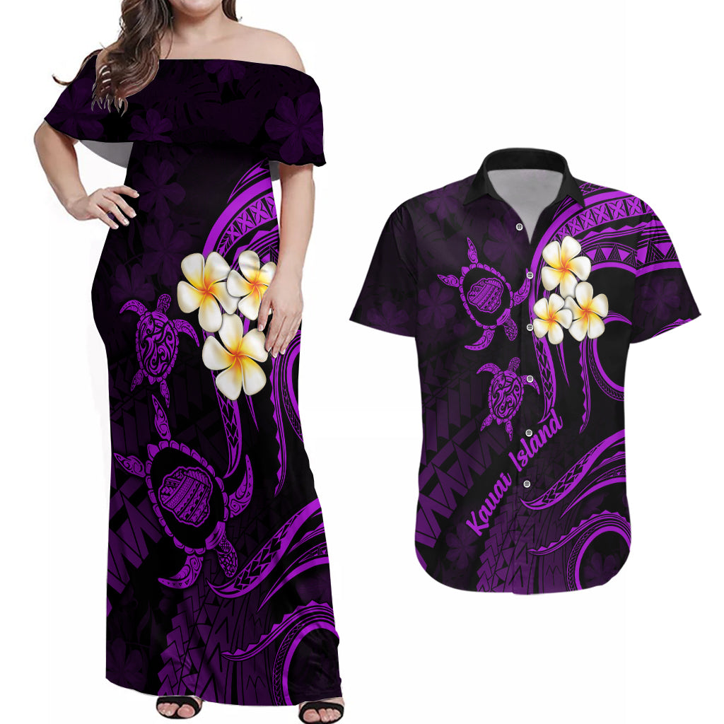 Polynesian Hawaii Couples Off Shoulder Maxi Dress and Hawaiian Shirt Kauai Islands with Pacific Plumeria Purple Vibe LT9 - Wonder Print Shop