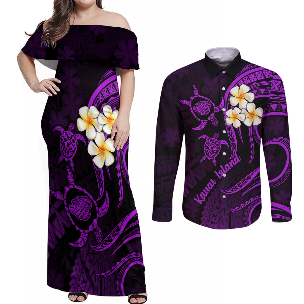 Polynesian Hawaii Couples Off Shoulder Maxi Dress and Long Sleeve Button Shirts Kauai Islands with Pacific Plumeria Purple Vibe LT9 - Wonder Print Shop