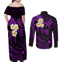 Polynesian Hawaii Couples Off Shoulder Maxi Dress and Long Sleeve Button Shirts Kauai Islands with Pacific Plumeria Purple Vibe LT9 - Wonder Print Shop
