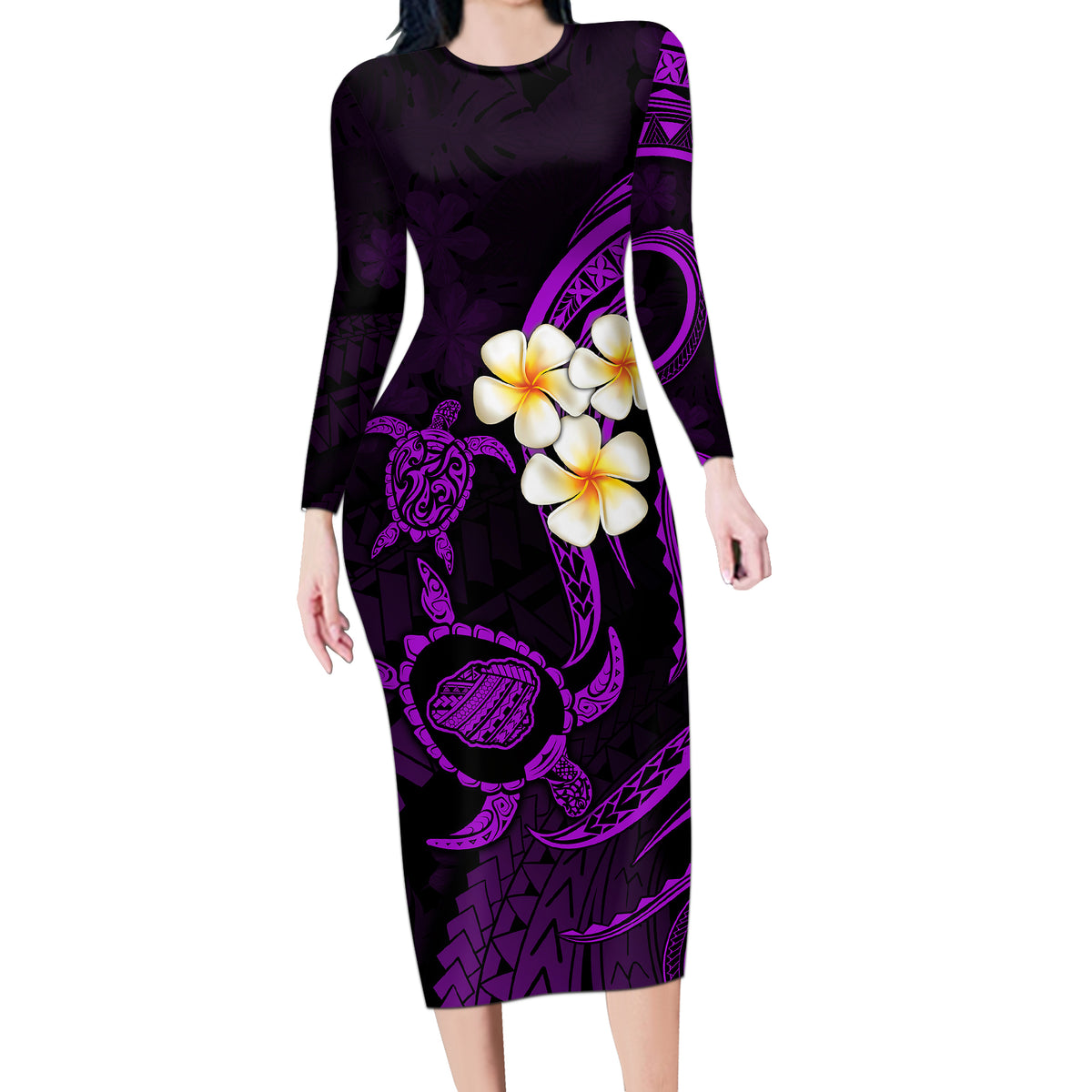 Polynesian Hawaii Long Sleeve Bodycon Dress Kauai Islands with Pacific Plumeria Purple Vibe - Wonder Print Shop