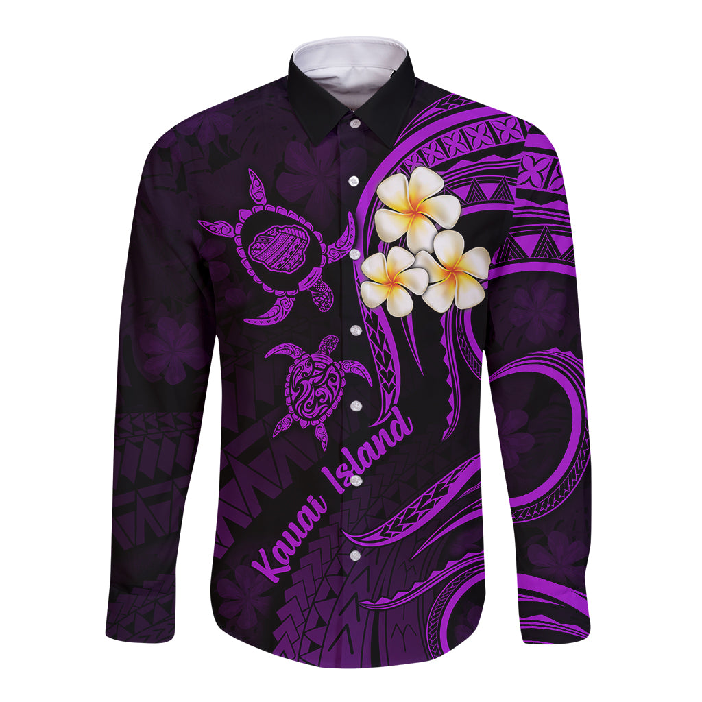 Polynesian Hawaii Long Sleeve Button Shirt Kauai Islands with Pacific Plumeria Purple Vibe - Wonder Print Shop