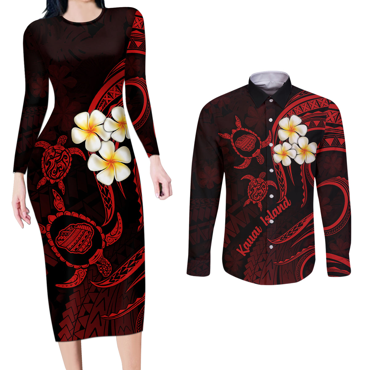 Polynesian Hawaii Couples Long Sleeve Bodycon Dress and Long Sleeve Button Shirts Kauai Islands with Pacific Plumeria Red Vibe LT9 - Wonder Print Shop