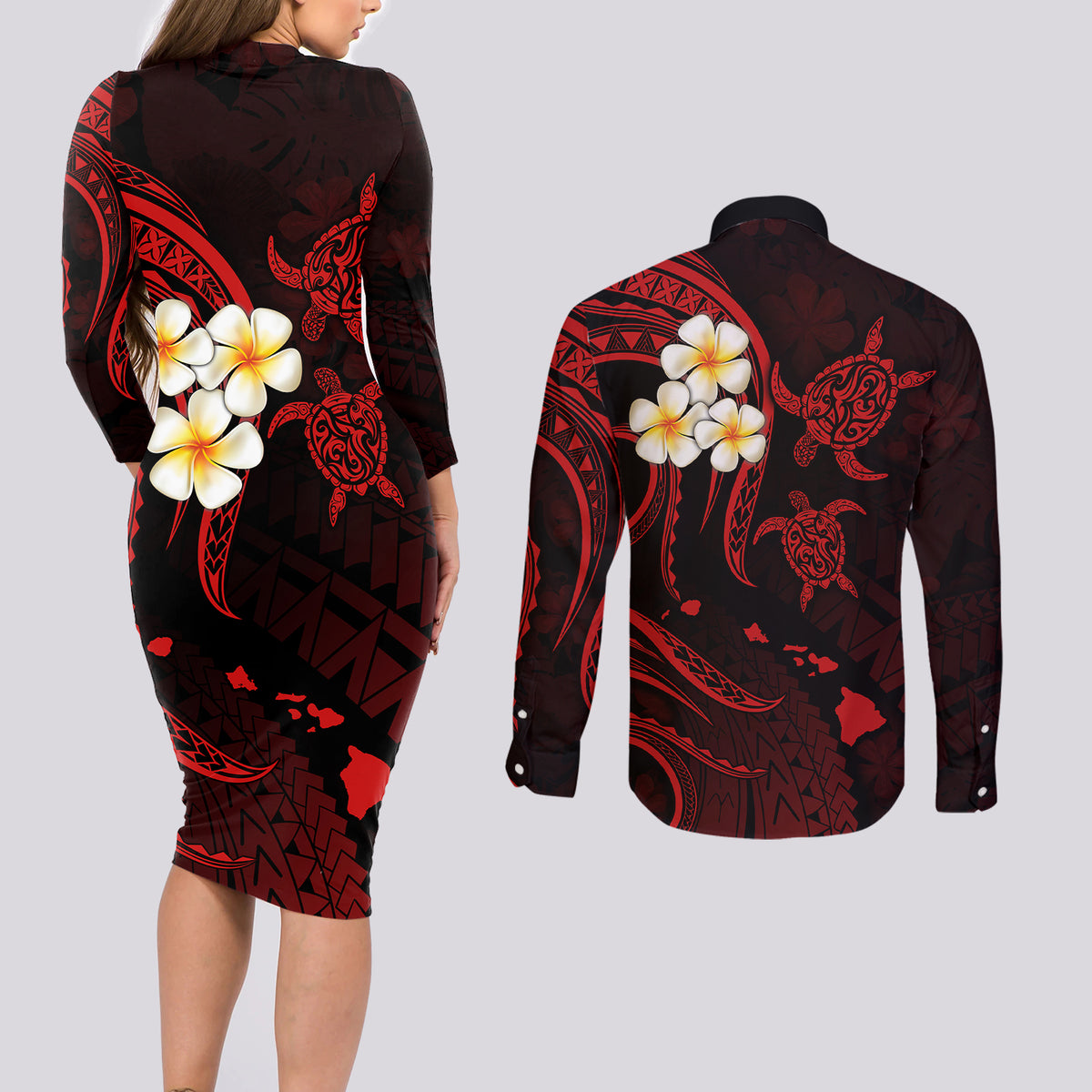 Polynesian Hawaii Couples Long Sleeve Bodycon Dress and Long Sleeve Button Shirts Kauai Islands with Pacific Plumeria Red Vibe LT9 - Wonder Print Shop