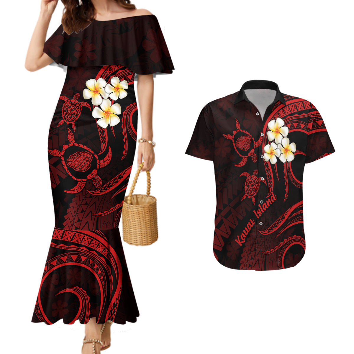 Polynesian Hawaii Couples Mermaid Dress And Hawaiian Shirt Kauai Islands with Pacific Plumeria Red Vibe LT9 - Wonder Print Shop
