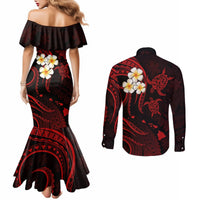polynesian-hawaii-couples-mermaid-dress-and-long-sleeve-button-shirts-kauai-islands-with-pacific-plumeria-red-vibe