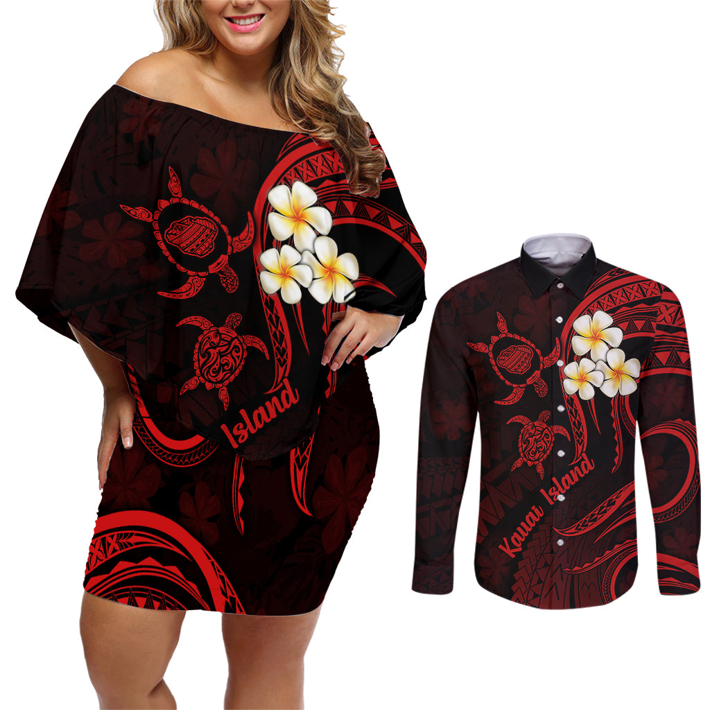 Polynesian Hawaii Couples Off Shoulder Short Dress and Long Sleeve Button Shirts Kauai Islands with Pacific Plumeria Red Vibe LT9 - Wonder Print Shop