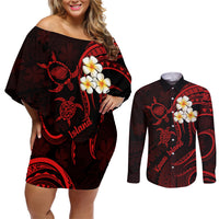 Polynesian Hawaii Couples Off Shoulder Short Dress and Long Sleeve Button Shirts Kauai Islands with Pacific Plumeria Red Vibe LT9 - Wonder Print Shop