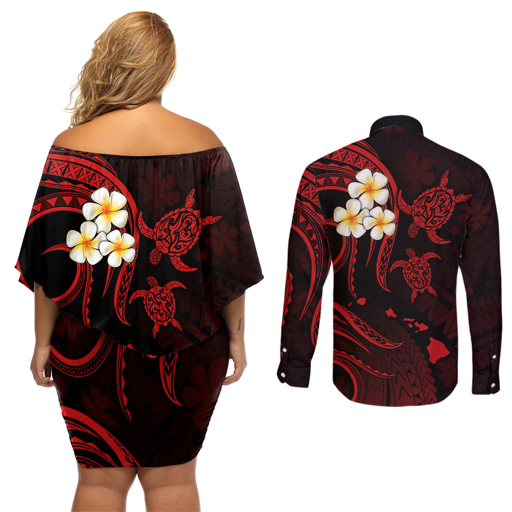 Polynesian Hawaii Couples Off Shoulder Short Dress and Long Sleeve Button Shirts Kauai Islands with Pacific Plumeria Red Vibe LT9 - Wonder Print Shop