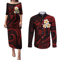 Polynesian Hawaii Couples Puletasi Dress and Long Sleeve Button Shirts Kauai Islands with Pacific Plumeria Red Vibe LT9 - Wonder Print Shop