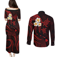 Polynesian Hawaii Couples Puletasi Dress and Long Sleeve Button Shirts Kauai Islands with Pacific Plumeria Red Vibe LT9 - Wonder Print Shop