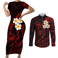 Polynesian Hawaii Couples Short Sleeve Bodycon Dress and Long Sleeve Button Shirts Kauai Islands with Pacific Plumeria Red Vibe LT9 - Wonder Print Shop