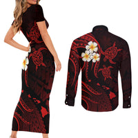 Polynesian Hawaii Couples Short Sleeve Bodycon Dress and Long Sleeve Button Shirts Kauai Islands with Pacific Plumeria Red Vibe LT9 - Wonder Print Shop