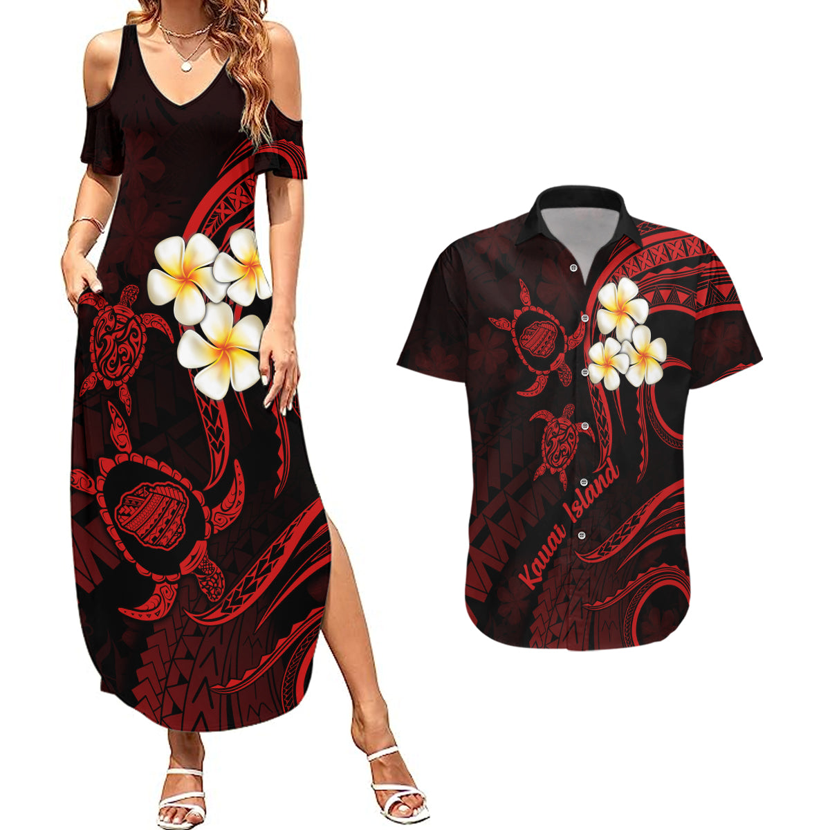 Polynesian Hawaii Couples Summer Maxi Dress and Hawaiian Shirt Kauai Islands with Pacific Plumeria Red Vibe LT9 - Wonder Print Shop