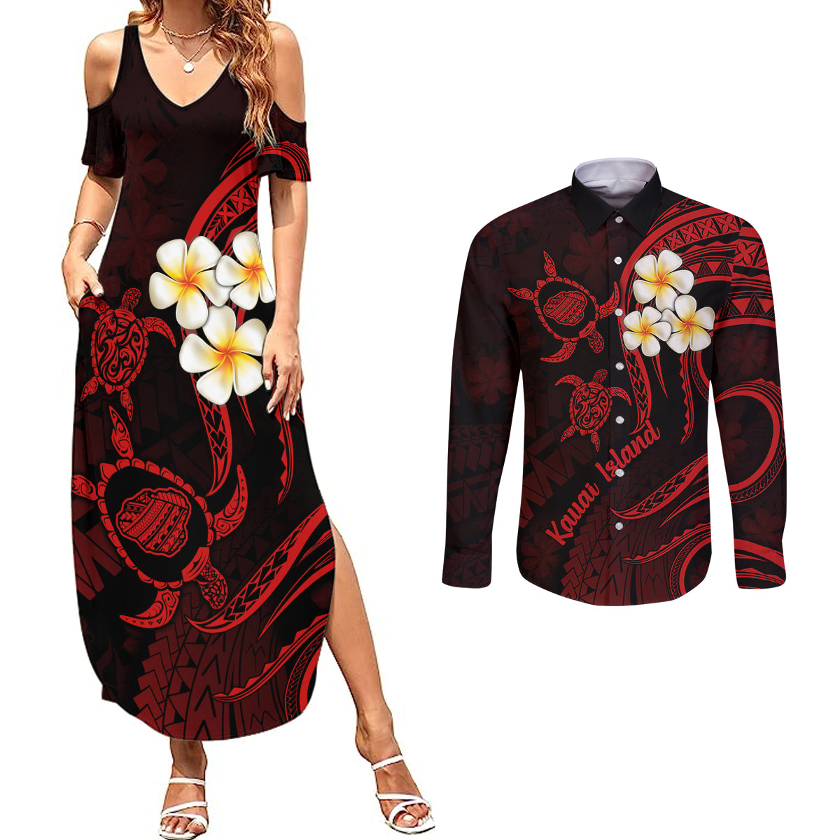 Polynesian Hawaii Couples Summer Maxi Dress and Long Sleeve Button Shirts Kauai Islands with Pacific Plumeria Red Vibe LT9 - Wonder Print Shop