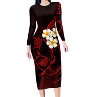 Polynesian Hawaii Long Sleeve Bodycon Dress Kauai Islands with Pacific Plumeria Red Vibe - Wonder Print Shop