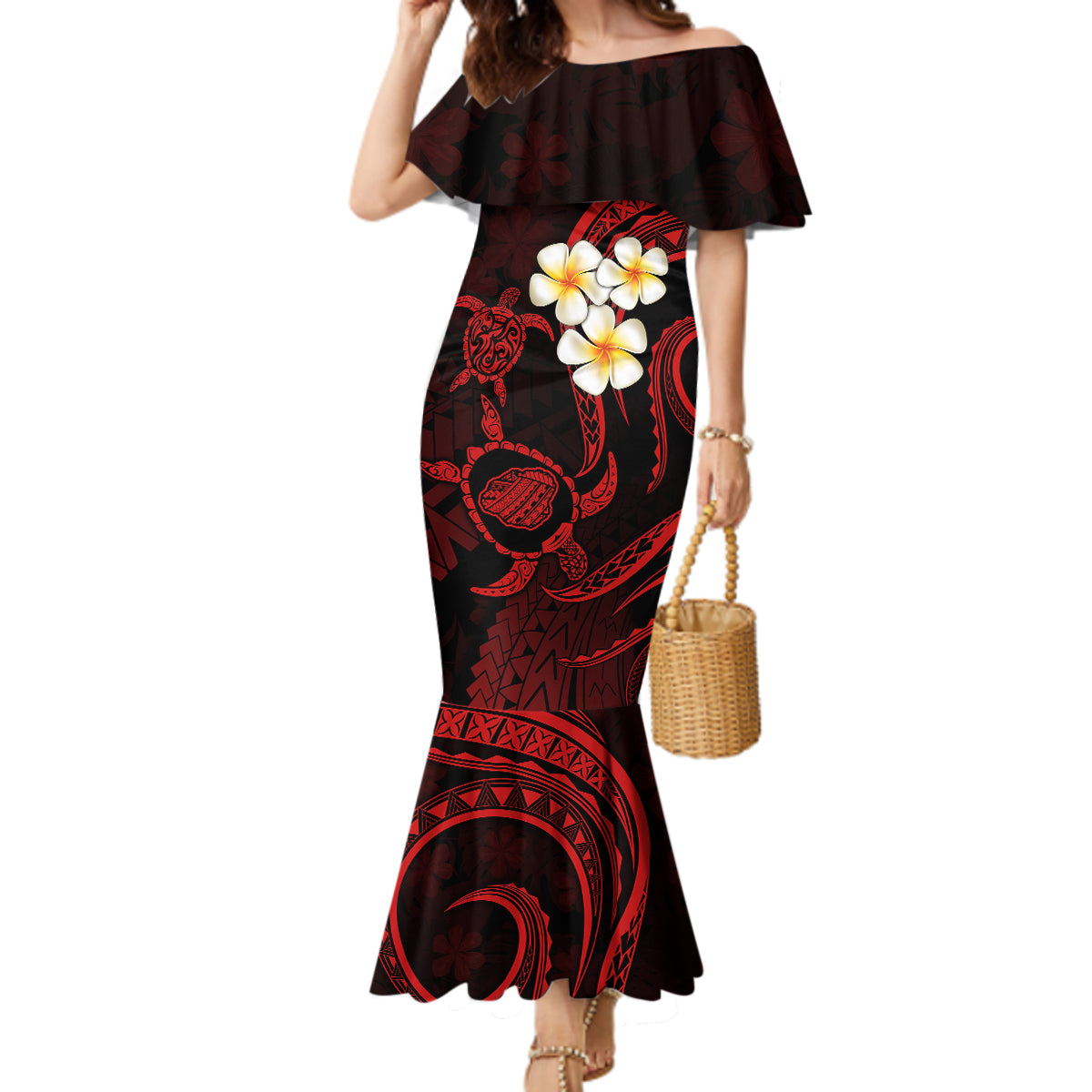 Polynesian Hawaii Mermaid Dress Kauai Islands with Pacific Plumeria Red Vibe - Wonder Print Shop